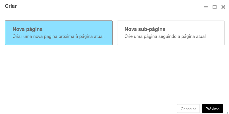 Botões criar Nova página ou Nova sub-página